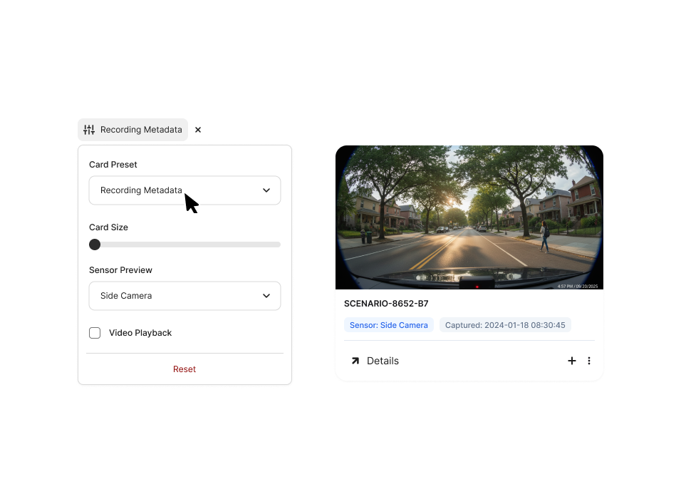 Customization controls for dataset cards beside a scenario card with selected metadata and sensor preview