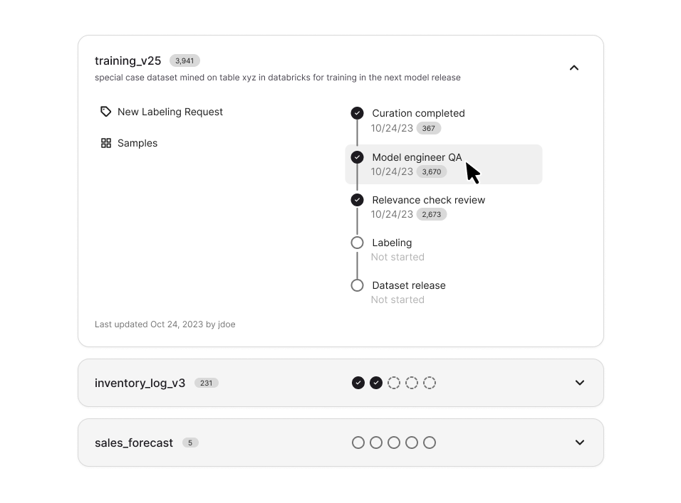 Dataset request accordion showing curation, quality review, labeling, and release progress