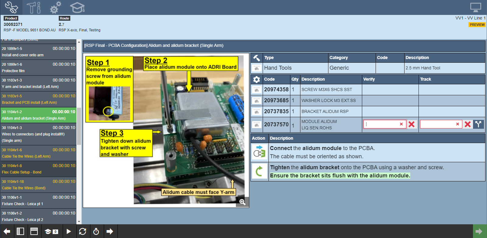 Visual Factory interface showing digital assembly instructions and verification controls